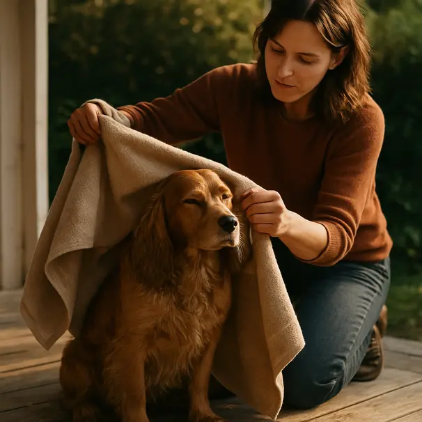 Pet carer gently towel-drying a medium-haired spaniel on a porch in late afternoon, preventing moisture in coat