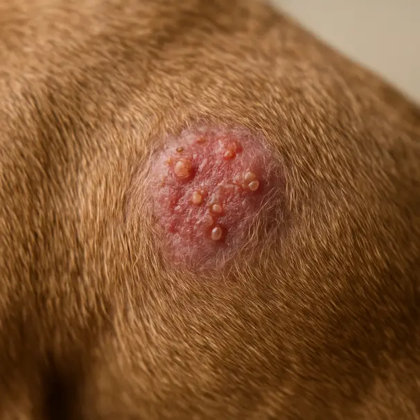 Close view of a short-haired terrier's skin showing small scabs and pustules, indoor setting