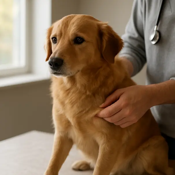 Pet owner gently checking a dog's flank indoors, parting fur to inspect skin for bumps, natural window light