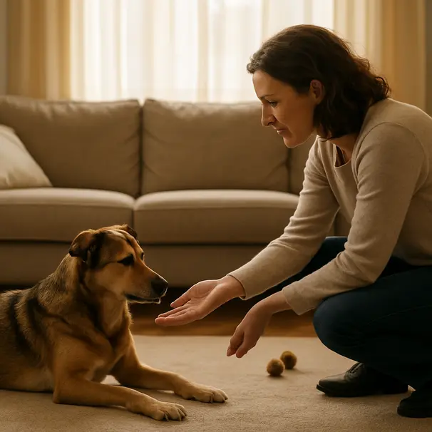 Pet carer crouching to greet a medium mixed-breed dog in a cozy living room during a meet-and-greet, dog sniffing the carer’s hand, toys and couch visible