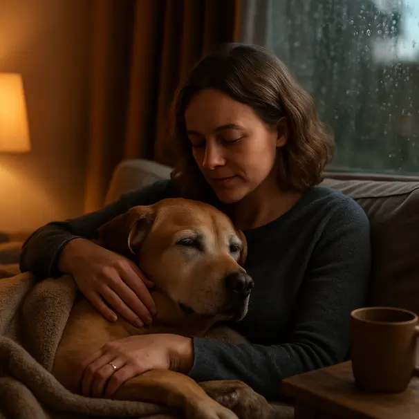 Pet carer cuddling a senior dog on a sofa in the evening, rain on the window and warm lamp light creating a calm atmosphere