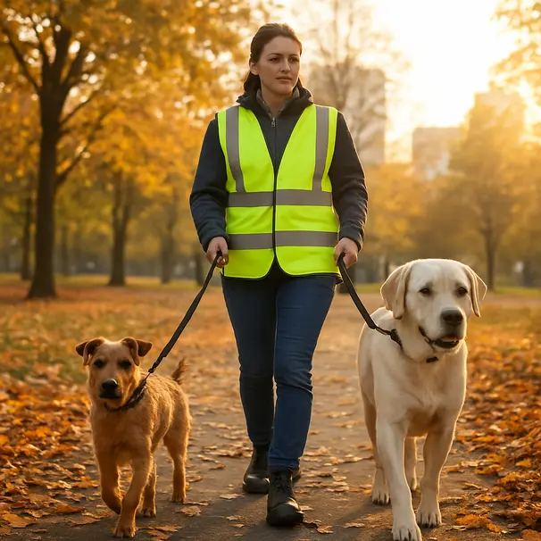 Dog carer walking a small terrier and a large labrador on leashes along a city park path at golden hour, autumn leaves and blurred buildings in background