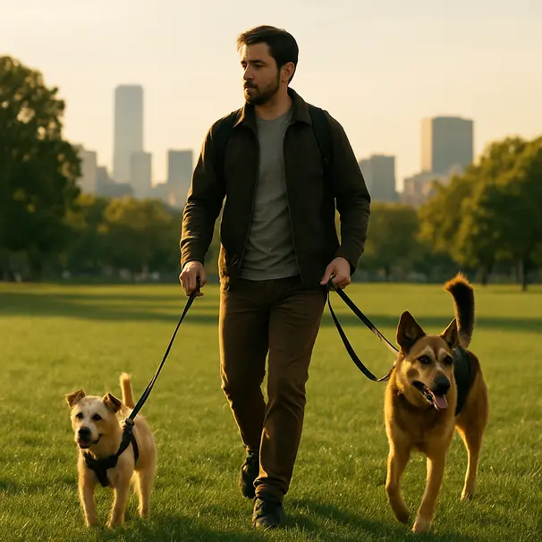Dog walker leading a small terrier and a shepherd mix in a city park during late afternoon, grass and skyline visible