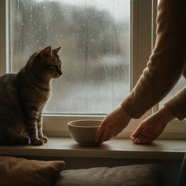 Cat on a windowsill watches a pet sitter placing a food bowl in a cozy indoor setting on a rainy day