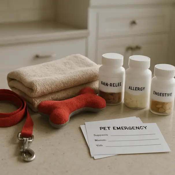 Pet emergency kit on a kitchen counter showing medicine containers, leash, contact information, blanket, and a toy