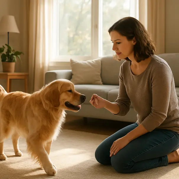 Pet sitter kneeling in a living room offering a treat to a golden retriever during a meet-and-greet, sunlight through windows, calm interaction