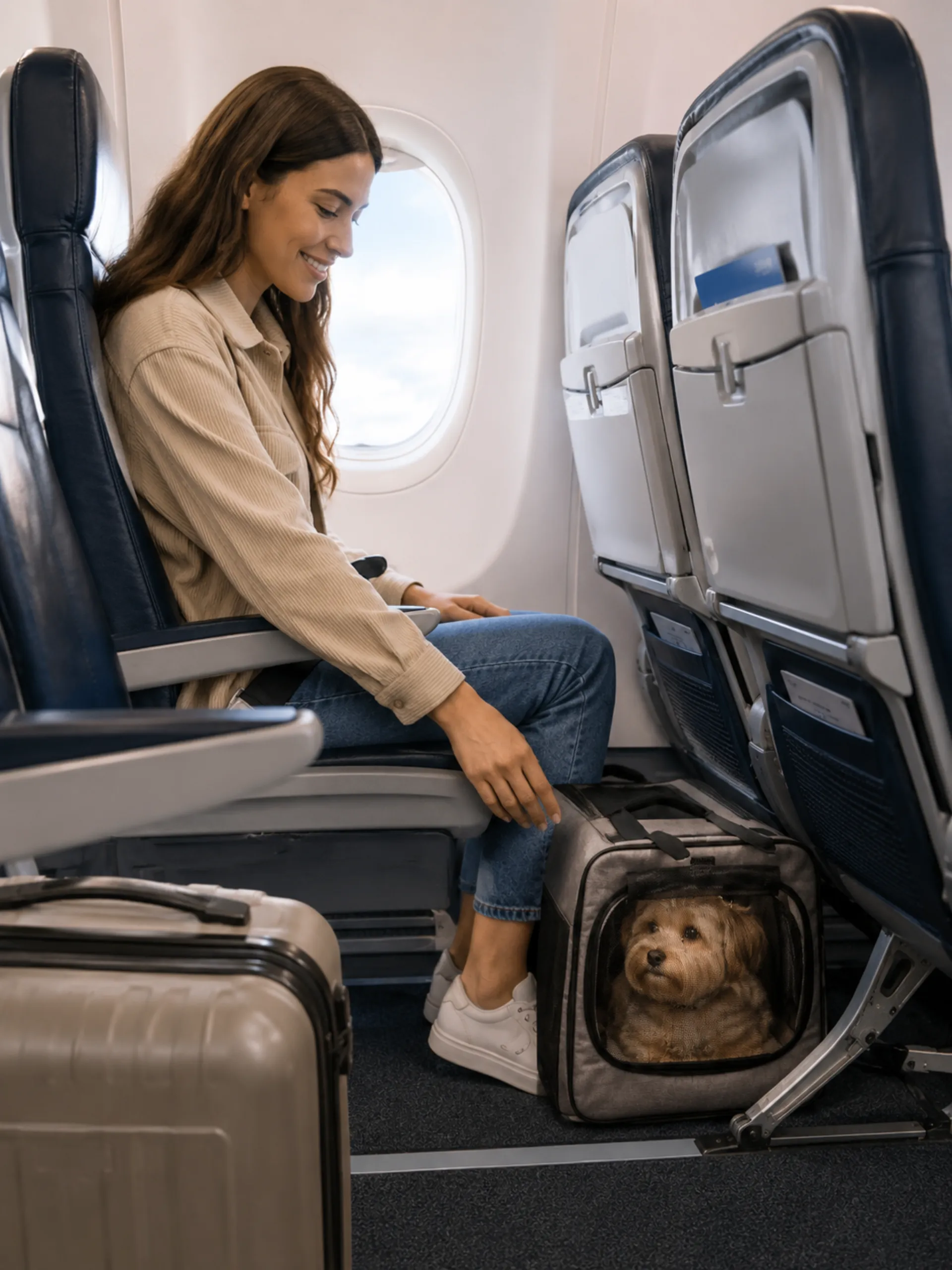 Une voyageuse assise calmement près du hublot tandis que son petit chien se repose dans un sac de transport souple sous le siège devant elle.